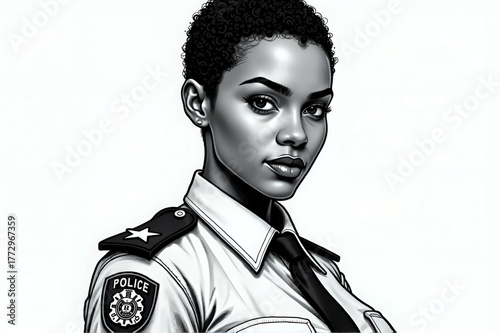 Confident Black policewoman, a serious look, an illustration of a female officer in uniform