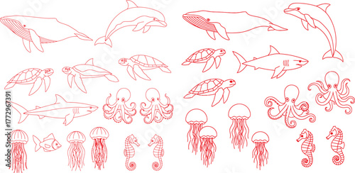 Aquatic Animals Outlines Whale, Dolphin, Turtle, Shark, Octopus, Jellyfish, Seahorse, Fish. Simple Line Art