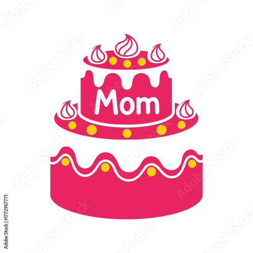 Happy mothers day cake illustration with mom text   pink two tier celebration dessert Vector, illustration