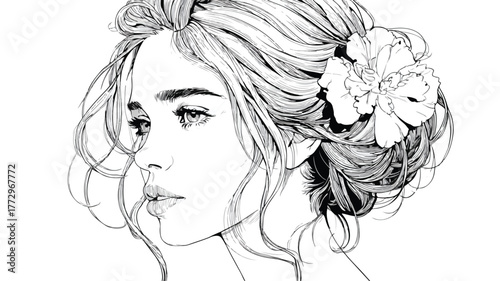Elegant Girl with Flower in Hair Vector Illustration for Design Projects