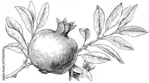 Botanical Illustration of Pomegranate Plant with Leaf - Vector Drawing