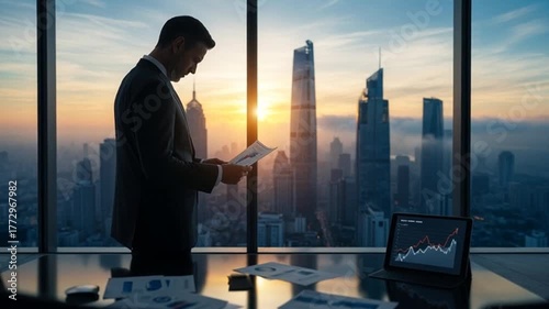Businessman looking out window at city skyline at sunrise with tablet