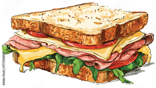 Delicious Sandwich with Cheese and Meat Vector Illustration