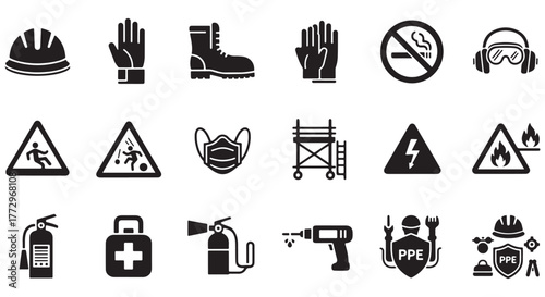 Construction site hazard glyph icon set. Vector pictograms of goggles, ear protection, respirator, mask, drill, emergency, assembly, fire, black sign silhouette illustration
