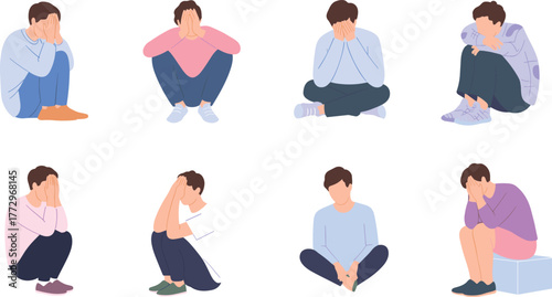 Set of minimalist illustrations showing sad man sitting with head in hands, depression, stress, loneliness, mental health concept
