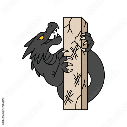 Fierce black dragon with yellow eyes clinging to a cracked wooden post with ancient runes Vector, illustration