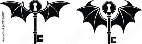 Halloween bat winged key silhouette, spooky mysterious key icon with lock symbol, fantasy gothic design for horror decoration and vector art