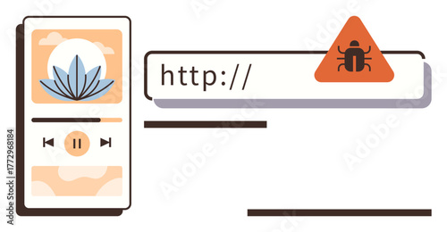 Media player app interface with audio controls and plant graphic, next to an orange alert triangle with bug icon on an address bar. Ideal for cybersecurity, online threats, malware, streaming safety