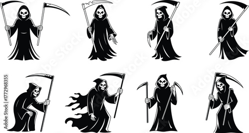 Grim reaper character set with scythe, spooky death figure illustrations for Halloween horror artwork, dark fantasy costume design elements