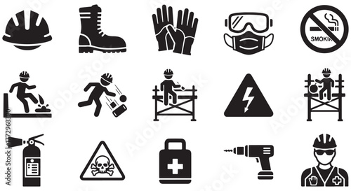 Construction site hazard glyph icon set. Vector pictograms of goggles, ear protection, respirator, mask, drill, emergency, assembly, fire, black sign silhouette illustration