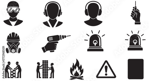 Construction site hazard glyph icon set. Vector pictograms of goggles, ear protection, respirator, mask, drill, emergency, assembly, fire, black sign silhouette illustration