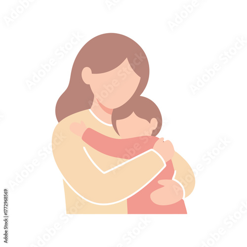 Loving mother hugs child with warmth and care, simple flat illustration Vector, illustration