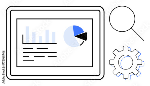 Tablet displaying bar and pie charts, magnifying glass, and gear symbolizing data analysis, research, and system optimization. Ideal for analytics, optimization, strategy, research innovation