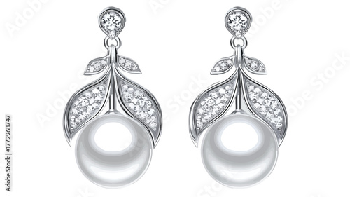 Elegant Silver Earrings with Pearl and Diamond Design Vector