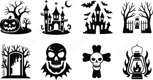 Halloween spooky silhouettes with haunted castle, pumpkins, skulls, lanterns, creepy trees, bats, graveyard elements, horror icons for decoration design