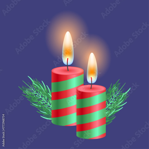 A warm and glowing illustration of two striped red and green Christmas candles with festive pine decor