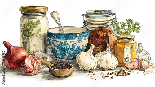 Vibrant Painting of Ingredients with Food Jar - Culinary Artistry Displayed