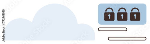 Cloud with three locked files and password fields highlights data security, encryption, privacy. Ideal for cybersecurity, online protection, technology, cloud services, data management, secure