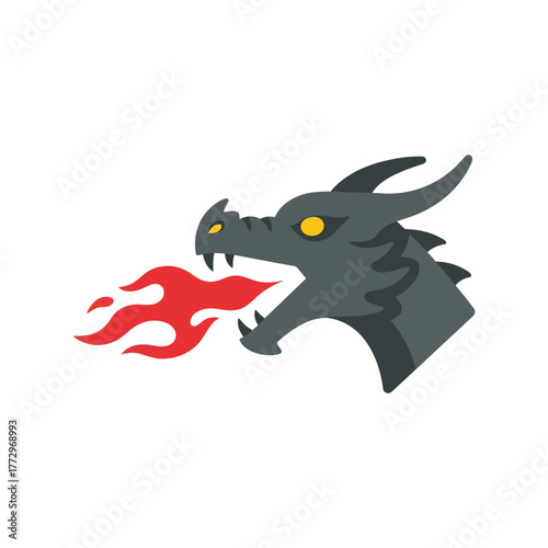 Illustration of a dark gray dragon head breathing red fire on a white background Vector, illustration