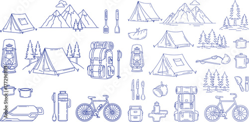 Camping gear line art seamless pattern with tent, bicycle, backpack, and mountain landscape