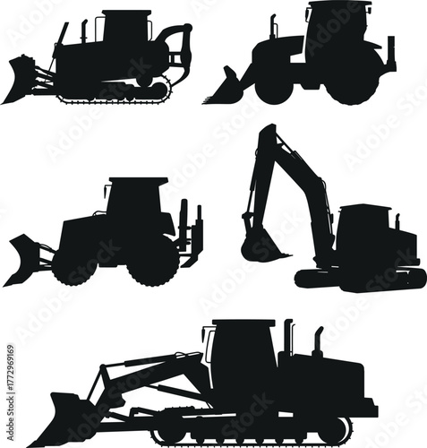 Construction vehicles silhouettes, bulldozer, excavator, backhoe loader, wheel loader, heavy machinery, earthmoving equipment, industrial machines, black icons, vector set