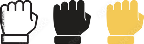 Hand gesture icons set. Collection of raised hand with clenched fist gesture icons representing actions and emotions for graphic design, isolated on transparent background. Vector illustration.