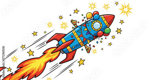 Cartoon rocket ship with flame trail flying through space with stars and party decorations design