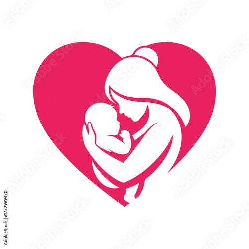 Mother and newborn baby silhouette embrace in a heart shape, symbol of love Vector, illustration