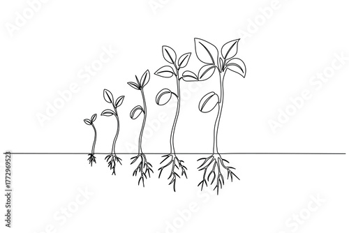 Minimalist illustration of a seedling growing from a seed to a full plant