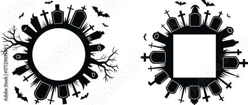 Spooky Halloween graveyard frame set with bats, tombstones, creepy trees and horror borders for scary invitations and dark designs