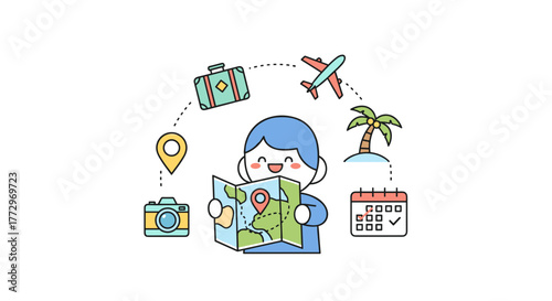 Person planning travel itinerary while studying a map with icons  