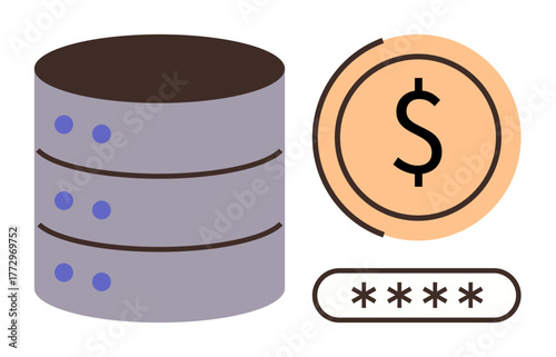 Database server, dollar icon, and password field represent data management, cybersecurity, digital currency. Ideal for fintech, cloud storage, security, technology finance online payments IT