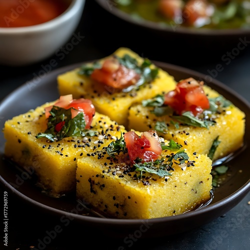 Delicious indian dhokla appetizer garnished with fresh herbs and chopped tomatoes served on a dark plate