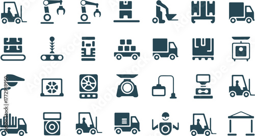 Warehouse Operations Icon Set, Equipment Silhouettes, Barcode Scanner Racking Shelving Conveyor Worker Safety Vest Crane Label Vector Illustration
