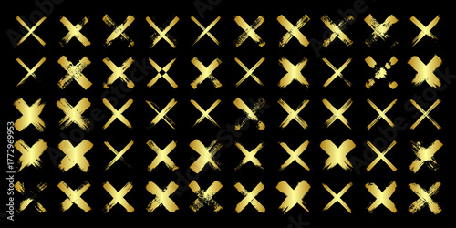 Golden grunge crosses, brush strokes, lines, ink smudges, hand-drawn scribble shapes. Handmade sketchy marks, acrylic stains, charcoal streaks. Paint textures, dry brush effect. Vector illustration
