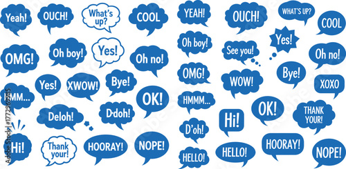 Cartoon speech bubbles set with common expressions, fun messages, and comic dialogs elements