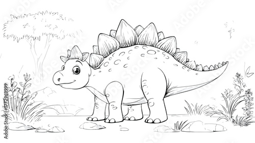 Cute Cartoon Ankylosaurus Dinosaur Illustration in Prehistoric Landscape