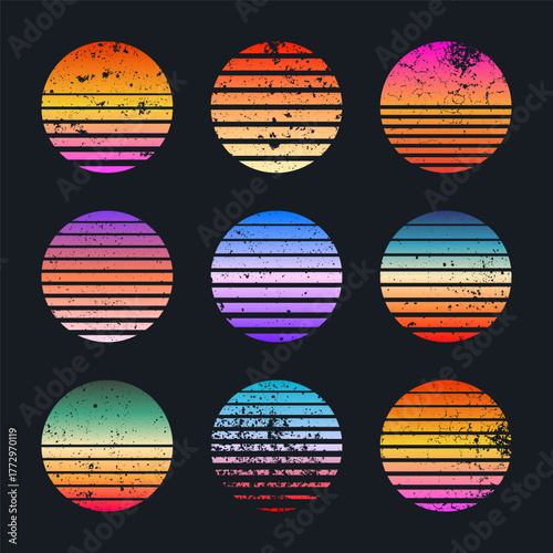 Grunge vintage colorful sunset. Striped gradient sunrise badges in 80s and 90s style. Sun and ocean view, summer vibes, surfing. Design element for print, logo or t-shirt. Vector illustration