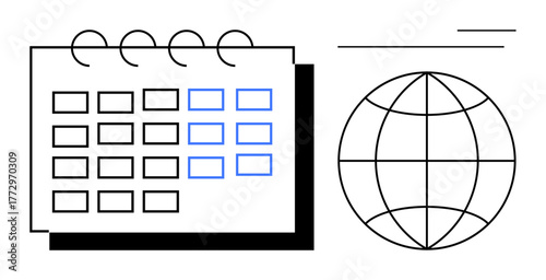 Calendar with outlined dates next to a globe grid framework and dynamic lines. Ideal for scheduling, globalization, worldwide planning, productivity, global strategy, time management, simple flat
