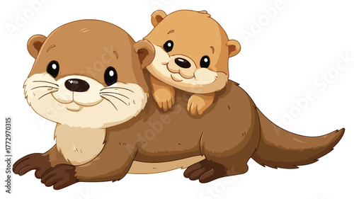 Cute Otter and Baby Cartoon Characters Vector Illustration