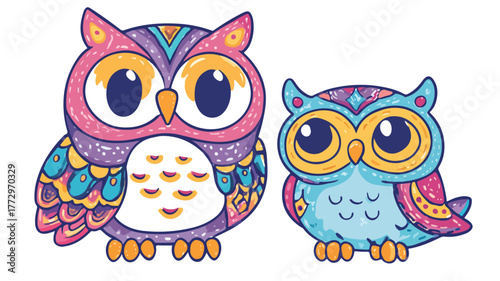 Colorful Cute Owl and Baby Cartoon Characters for Children's Books and Designs