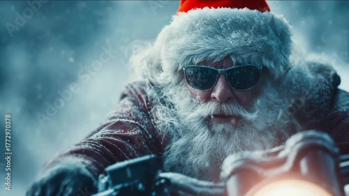 Santa Claus with sunglasses rides a motorcycle through a snowy landscape, showcasing a thrilling adventure, camera zooms in on his determined expression	