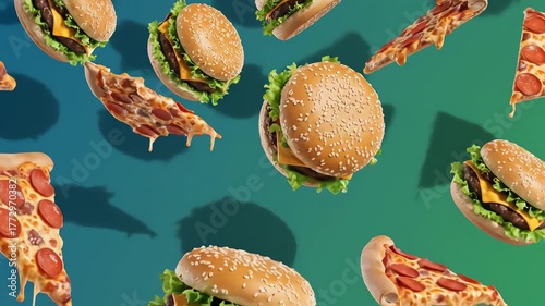 Flying Burgers and Pizza Slices Seamless Loop Animation.