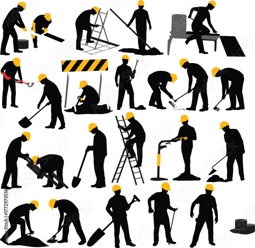 Silhouettes of Construction Workers Performing Various Tasks with Yellow Hard Hats