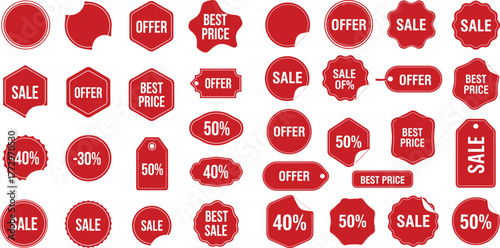 Collection of sale and offer label vectors with discount percentages and best price messages