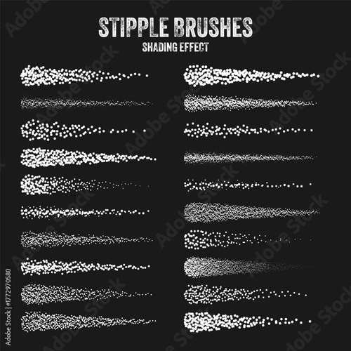 Ink scatter brush, stipple drawing and texturing. Fading gradient. Stippling, dotwork drawing, shading using dots. Halftone disintegration effect. White noise grainy texture. Vector illustration