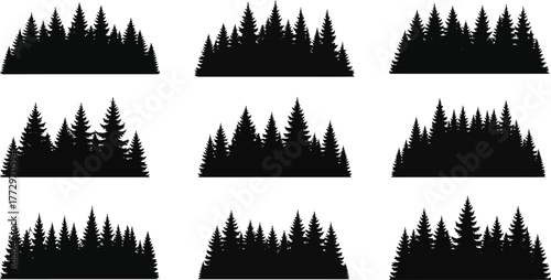 Collection of nine distinct black silhouette forest landscapes with varied evergreen tree densities and shapes