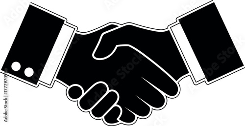 Simple vector icon of two hands shaking in a formal agreement. A black silhouette graphic representing business deals and partnerships