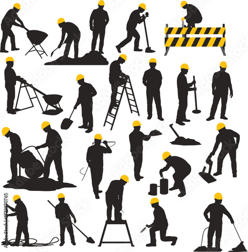 Construction workers silhouettes, hard hat laborers, industrial job site, manual tools, building activity, teamwork, safety gear, infrastructure, urban development, construction barrier