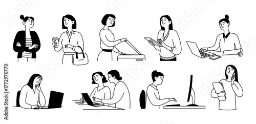 Doodle set of businesswomen using devices, working on a laptop, computer, and monitor, discussing a project. Vector set of isolated illustrations.